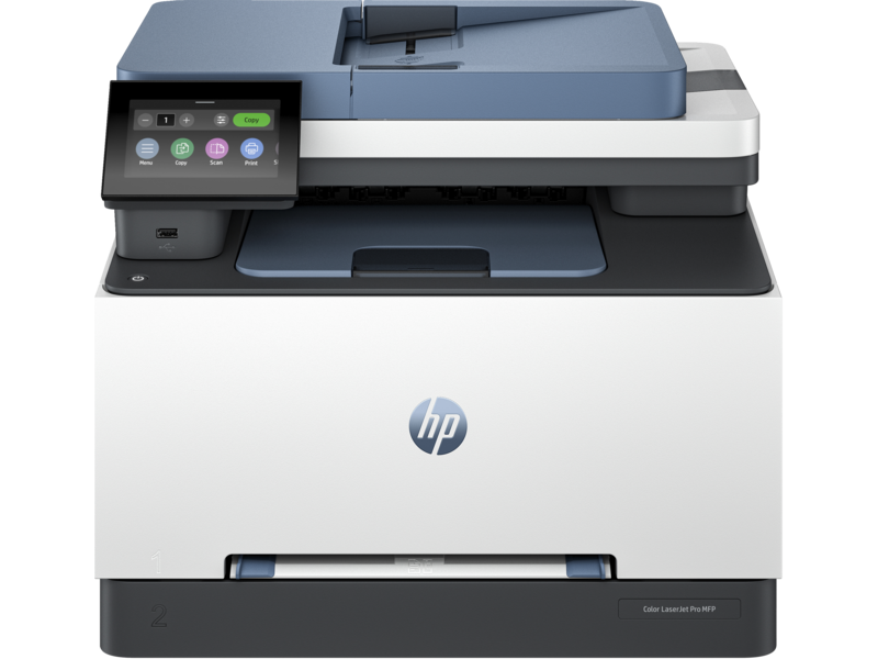 طابعة HP Color Laserjet Pro MFP 3300 ذات اللون الأزرق الداكن مع خلفية بيضاء في الأمام