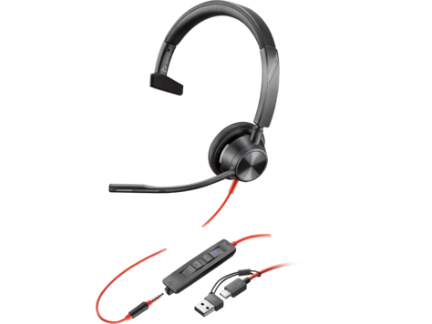 HP 8X218AA Poly Blackwire 3315 monaurális, Microsoft Teams-tanúsítvánnyal rendelkező USB-C headset + 3,5 mm-es csatlakozó + USB-C–USB-A-adapter