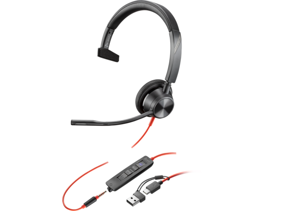 Audio, Poly Blackwire 3315 Monaural Microsoft Teams Certified USB-C Headset +3.5mm Plug +USB-C/A Adapter