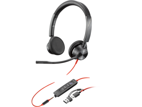 HP 8X222AA Poly Blackwire 3325 sztereó USB-C headset Microsoft Teams-tanúsítvánnyal + 3,5 mm-es csatlakozó + USB-C–USB-A-adapter