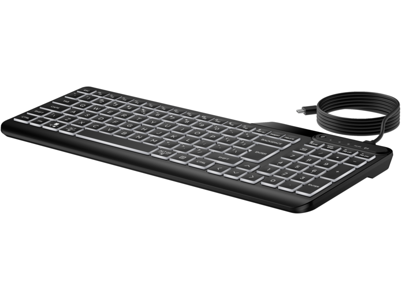 HP 405 Backlit Wired Keyboard Jet Black CoreSet WhiteBG FrontLeft - UK