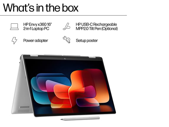 Series 12 of 15 HP Home Laptop PCs, HP Envy x360 2-in-1 Laptop 16, Windows 11 Home, 16", Touch screen, Intel® Core™ Ultra 7, 16GB RAM, 1TB SSD, 2K, Glacier silver