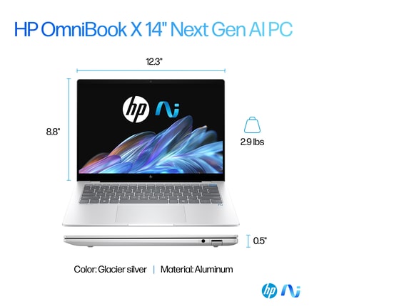 Series 6 of 14 HP Home Laptop PCs, HP OmniBook X Laptop 14, Windows 11 Home, 14", Touch screen, Qualcomm® X Plus, 16GB RAM, 1TB SSD, 2.2K, Glacier silver