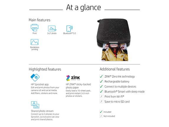HP Stampante portatile fotografica per Smartphone Bluetooth Micro SD colore  Nera - 2FR86A