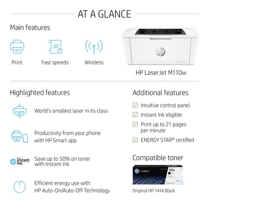 HP LaserJet M110w Wireless Black & White Printer with available 2 months  Instant Ink