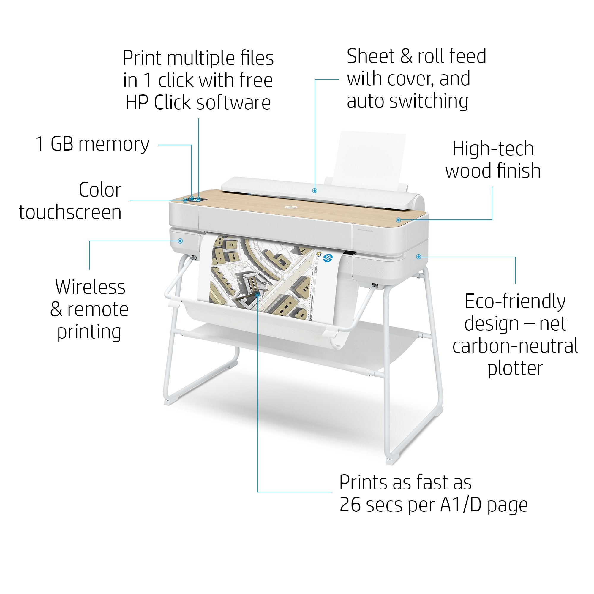 HP DesignJet Studio Wood Large Format Wireless Plotter Printer - 24", with High-Tech Wood Design (5HB12A)