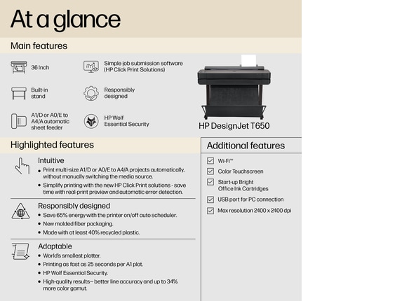 HP DesignJet Large Format Printers, HP DesignJet T650 36-in Printer 2025 Edition with 2YR Warranty, 5HB10T#B1K