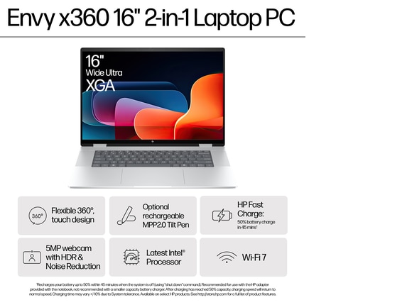 Series 7 of 15 HP Home Laptop PCs, HP Envy x360 2-in-1 Laptop 16, Windows 11 Home, 16", Touch screen, Intel® Core™ Ultra 7, 16GB RAM, 1TB SSD, 2K, Glacier silver