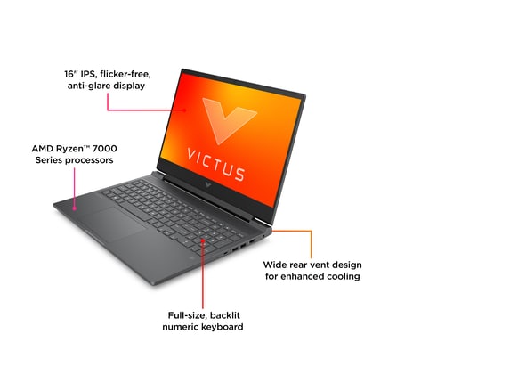 Victus Gaming Laptop 16-s0097nr, Windows 11 Home, 16.1, AMD Ryzen™ 7, 16GB  RAM, 1TB SSD, NVIDIA® GeForce RTX™ 4060, FHD, Mica silver