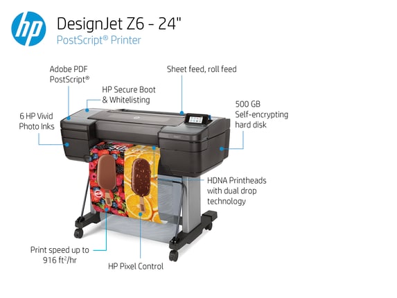 Series 12 of 14 HP DesignJet Large Format Printers, HP DesignJet Z6 Large Format PostScript® Graphics Printer - 24", with Advanced Security Features (T8W15A)